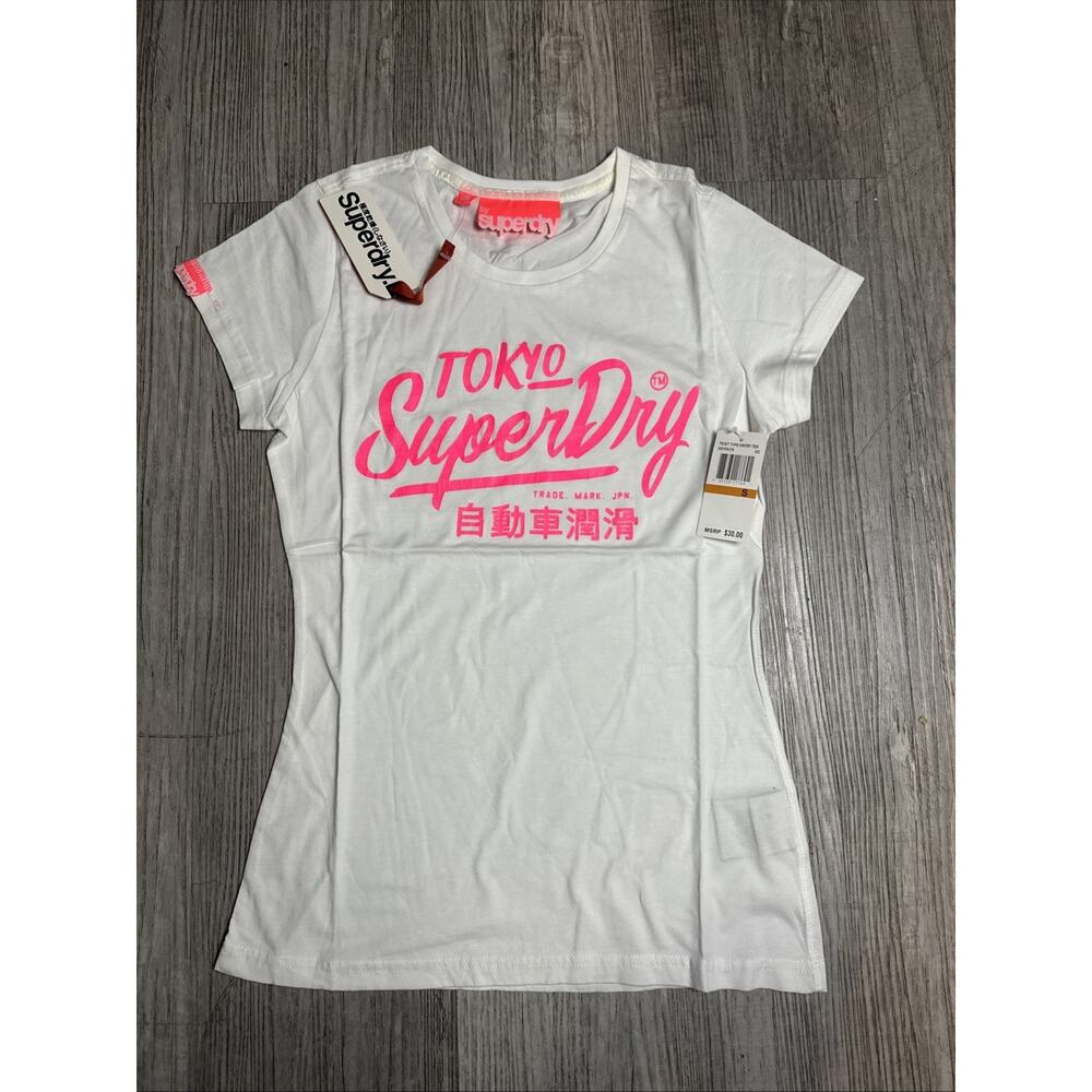 Superdry Tokyo Graphic T Shirt White Pink Cotton Short Sleeve Womens Size Small